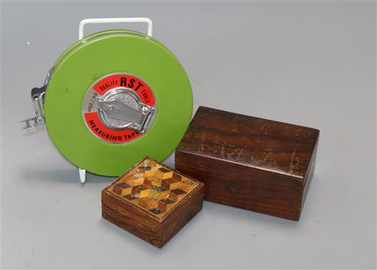 A Tunbridgeware box and a rosewood box and tape